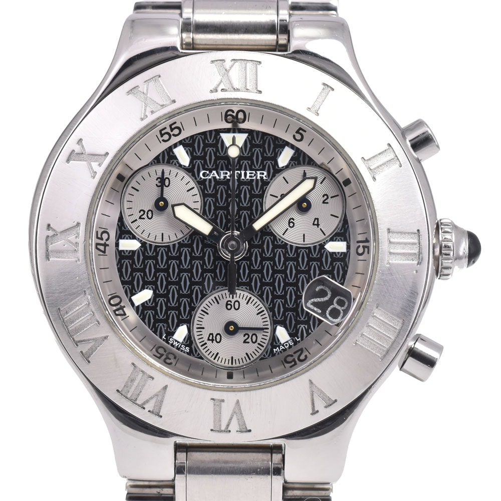 カルティエ CARTIER W10172T2 マスト21 クロノスカフ クロノグラフ デイト ブラック クォーツ メンズ 良品 内箱付き 腕時計 E#146790