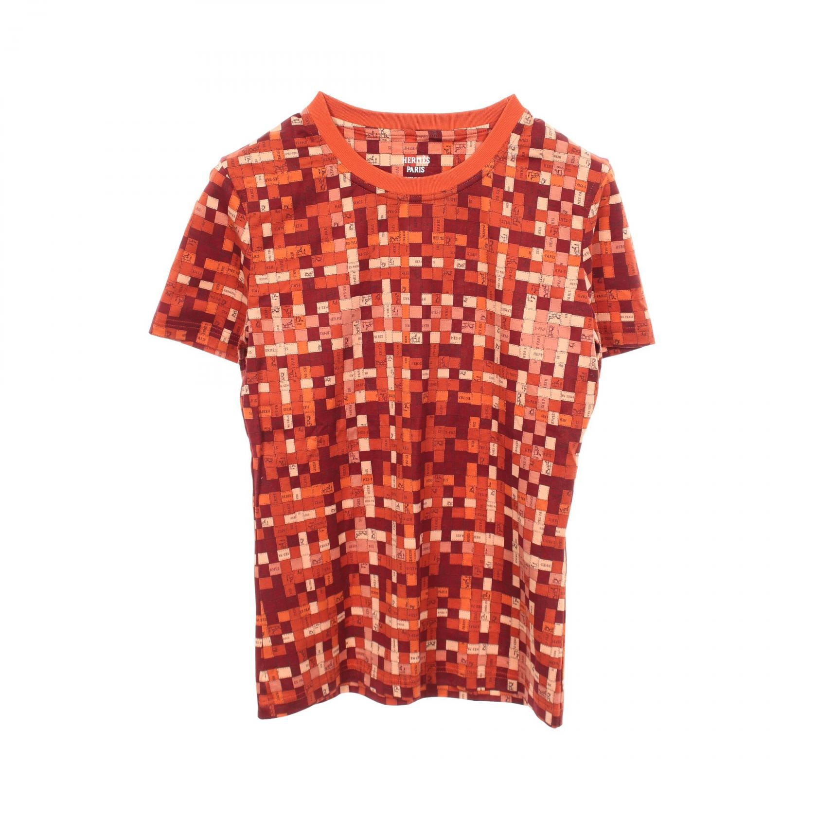 エルメス HERMES ボルデュックチェック クルーネック 半袖Tシャツ 衣料品 トップス コットン オレンジ レディース オレンジ系 / ブラウン系 【中古】