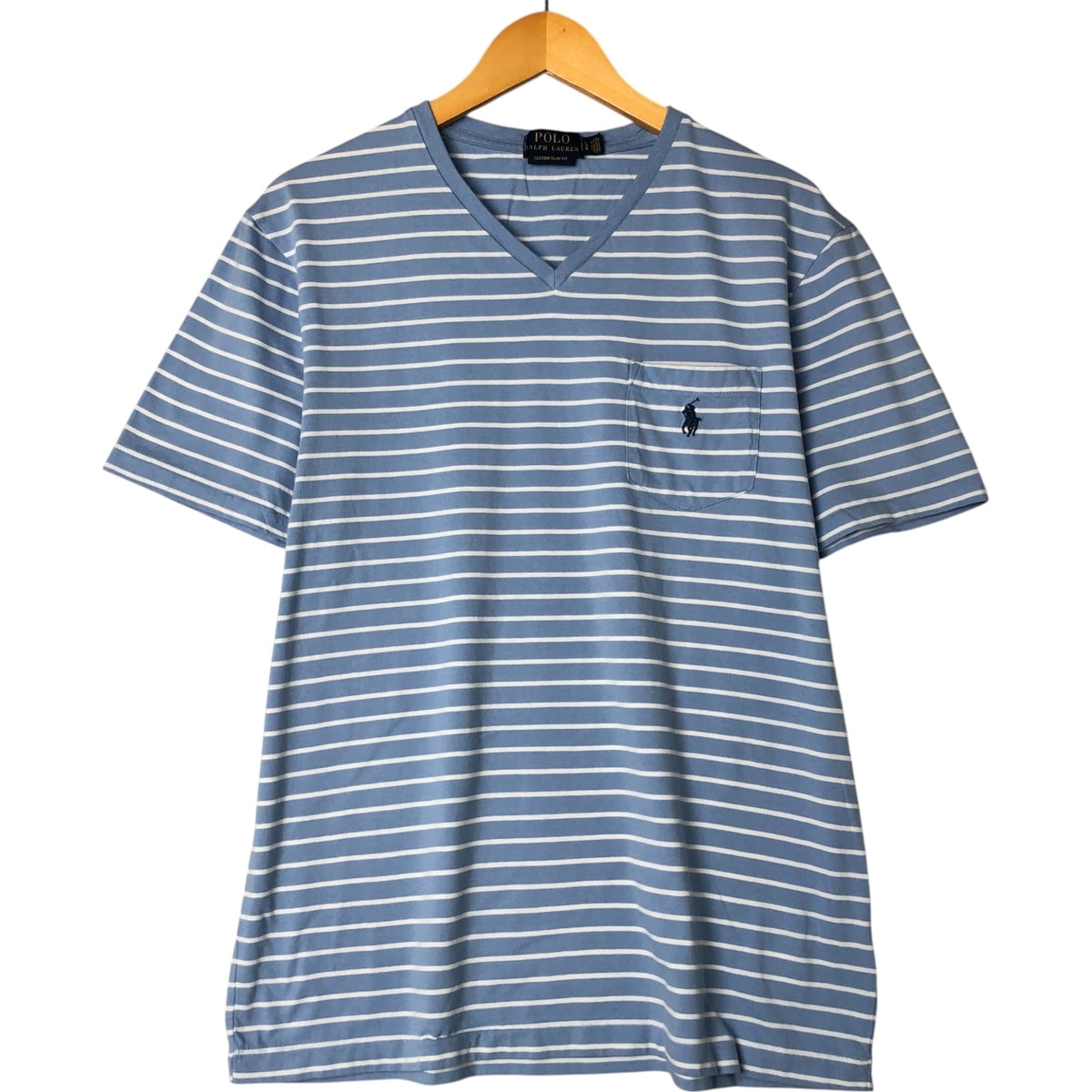 古着 ラルフローレン Ralph Lauren POLO RALPH LAUREN CUSTOM SLIM FIT ボーダー柄 Vネック 半袖 ワンポイントロゴポケットTシャツ メンズL相当/eaa556180