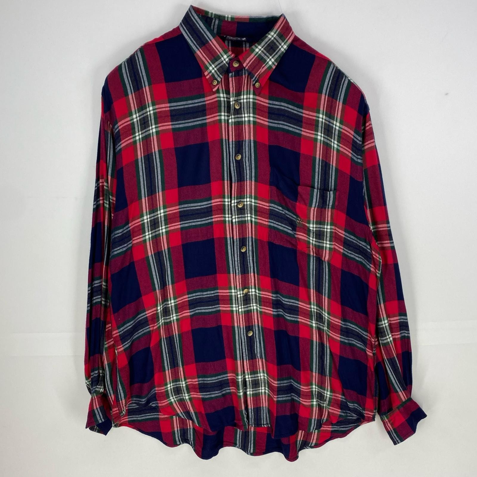 古着 90's/90年代 ノーティカ NAUTICA USA製 長袖シャツ ボタンダウン 胸ポケット 刺繍ロゴ L レッド系 チェック メンズ
