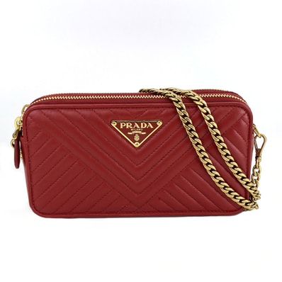PRADA プラダ 三角ロゴ プレート チェーンウォレット チェーンショルダーバッグ ショルダーバッグ 1DH010 レザー レッド レディース【中古】