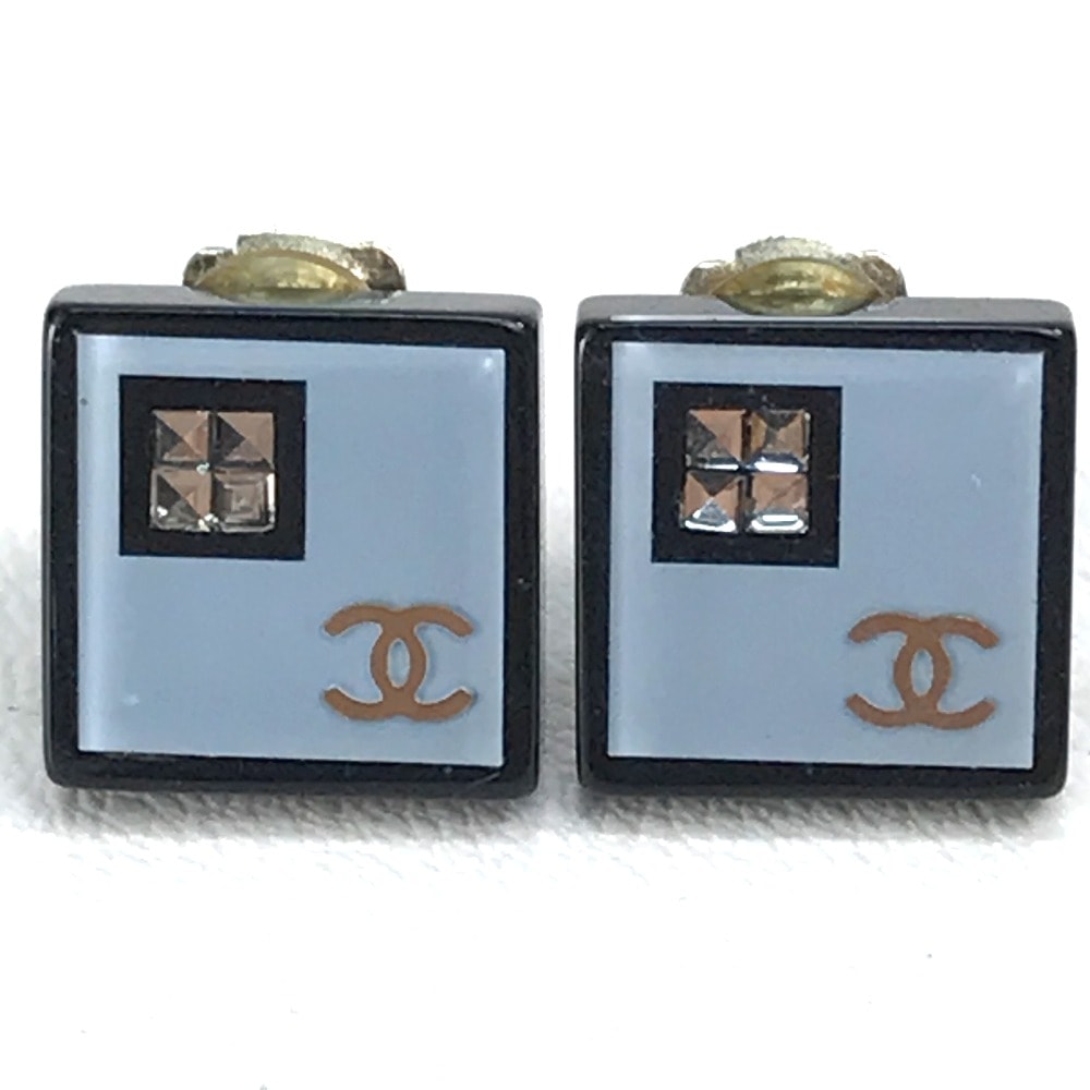シャネル CHANEL スクエアココ CC ココマーク ラインストーン イヤリング プラスチック ライトブルー