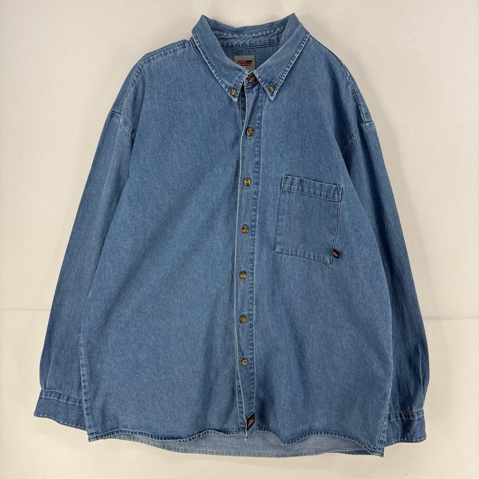 古着 ディッキーズ Dickies デニム 長袖シャツ ワンポイント 胸ポケット  大きいサイズ ワーク 2XL  水色 メンズ