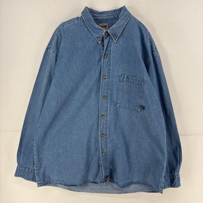 古着 ディッキーズ Dickies デニム 長袖シャツ ワンポイント 胸ポケット 大きいサイズ ワーク 2XL 水色 メンズ