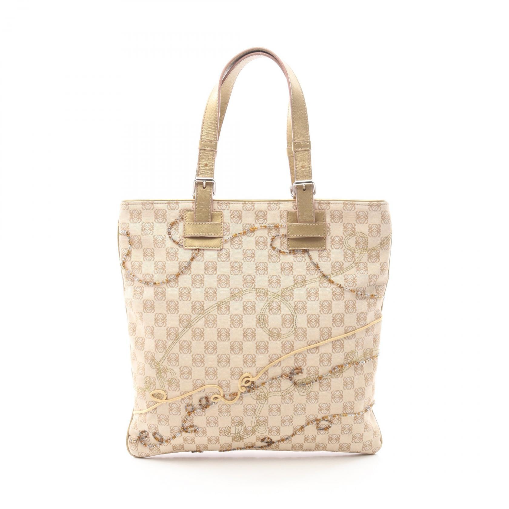 ロエベ LOEWE リピートアナグラム ハンドバッグ バッグ キャンバス レザー レディース ベージュ系 / ゴールド系 【中古】