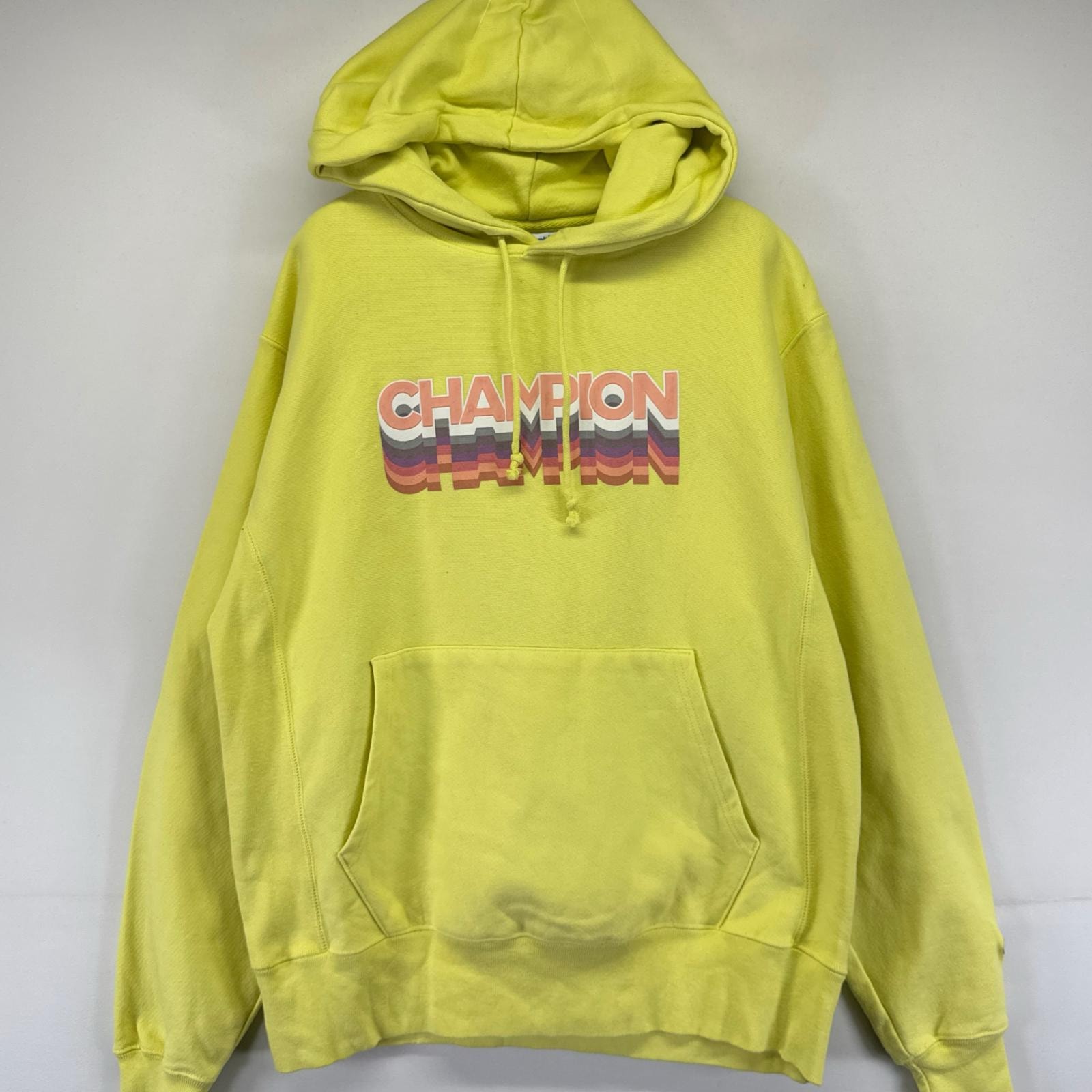 古着 チャンピオン Champion パーカー プルオーバー リバースウィーブ スウェット ネオンカラー ビッグロゴ M  イエロー系 メンズ