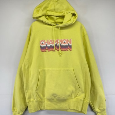 古着 チャンピオン Champion パーカー プルオーバー リバースウィーブ スウェット ネオンカラー ビッグロゴ M イエロー系 メンズ