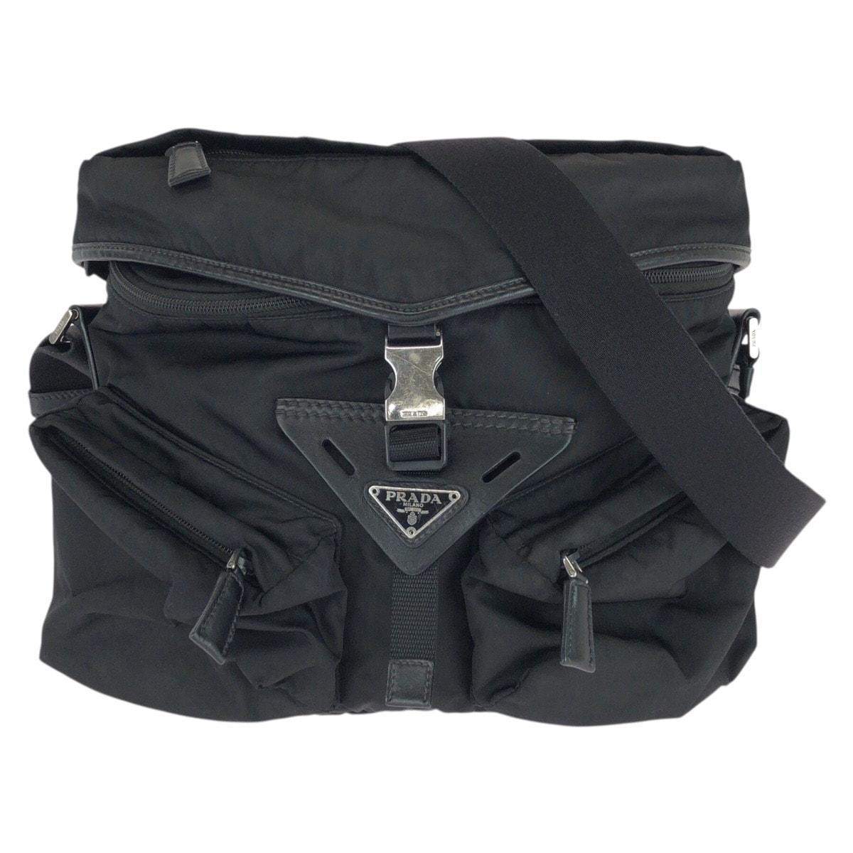 美品 PRADA プラダ テスート 三角ロゴプレート ブラック 黒 シルバー金具 ナイロン レザー/ ショルダーバッグ メッセンジャーバッグ 601624 【中古】