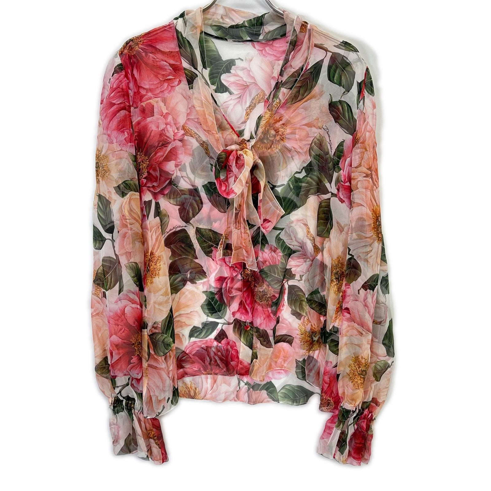 ドルチェアンドガッバーナ F5N69T/IS1E4 シルクシフォンフラワープリントリボンタイブラウス 46