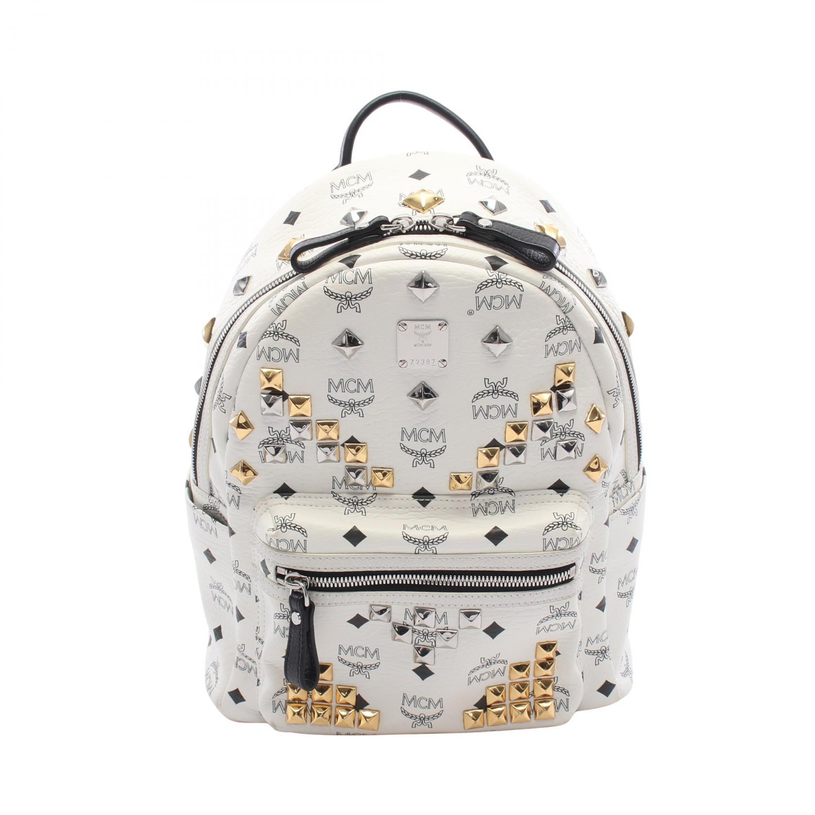 エム・シー・エム MCM ヴィセトス スタッズ リュックサック バックパック バッグ レザー レディース ホワイト系 【中古】
