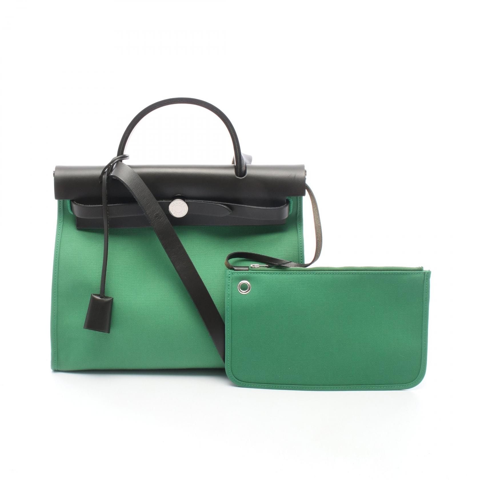 エルメス HERMES エールバッグジップPM 2WAY ハンドバッグ バッグ キャンバス レザー トワルオフィシエ / ヴァッシュハンター トワルオフィシエ バンブー A刻印(2017年製造) レディース グリーン系 / ブラック系