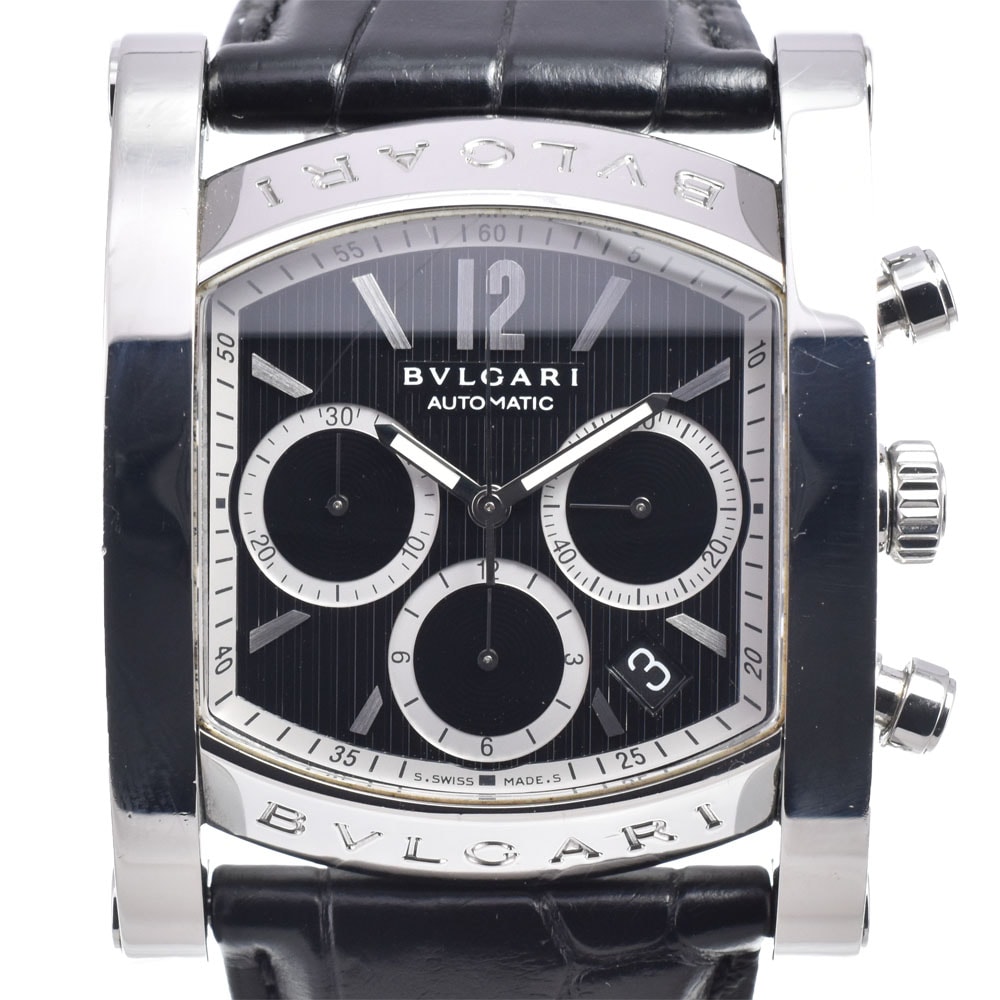 ブルガリ BVLGARI AA48BSSDCH アショーマ クロノグラフ ブラック 自動巻き メンズ 良品 箱・保証書付き 腕時計 Q#149213