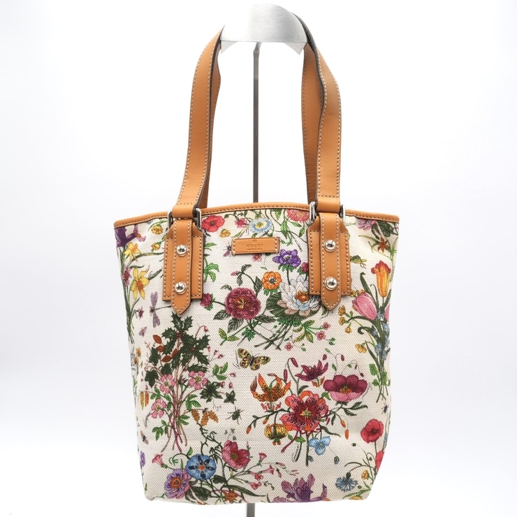 GUCCI(グッチ)フローラ トートバッグ フローラル 花柄 キャンバス レザー ベージュ系 マルチカラー シルバー金具 レディース 358239【中古】
