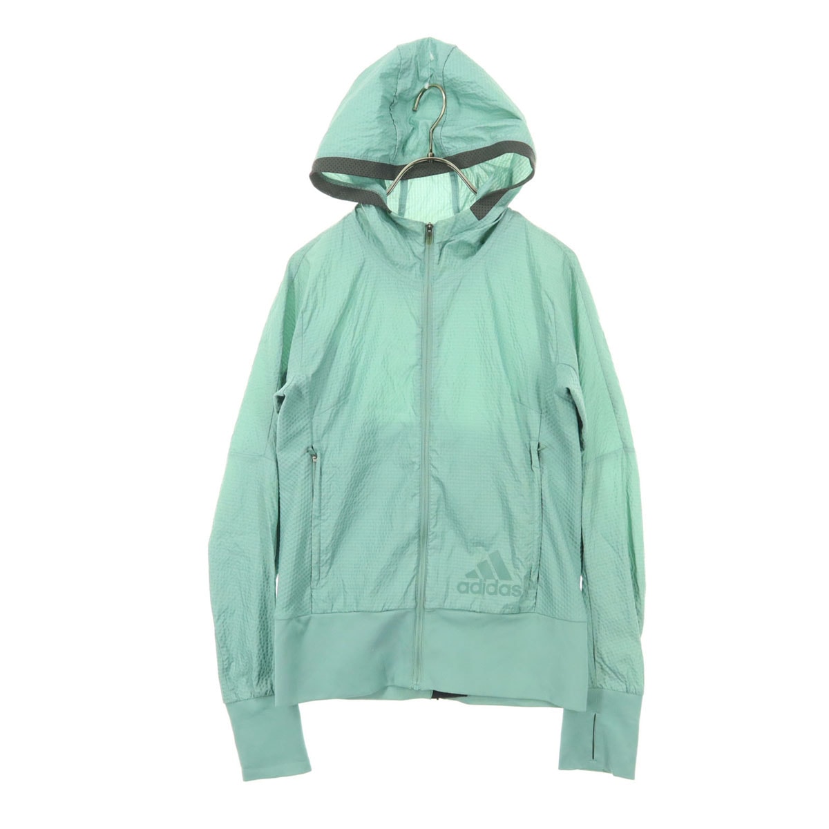 adidas アディダス ワンポイントロゴ チェック柄 長袖 ペールトーン ジップジャケット S グリーン フーディー