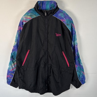 古着 90's/90年代 リーボック Reebok ナイロンジャケット フルジップ ワンポイントロゴ刺繍 ベクターロゴ M ブラック マルチカラー メンズ