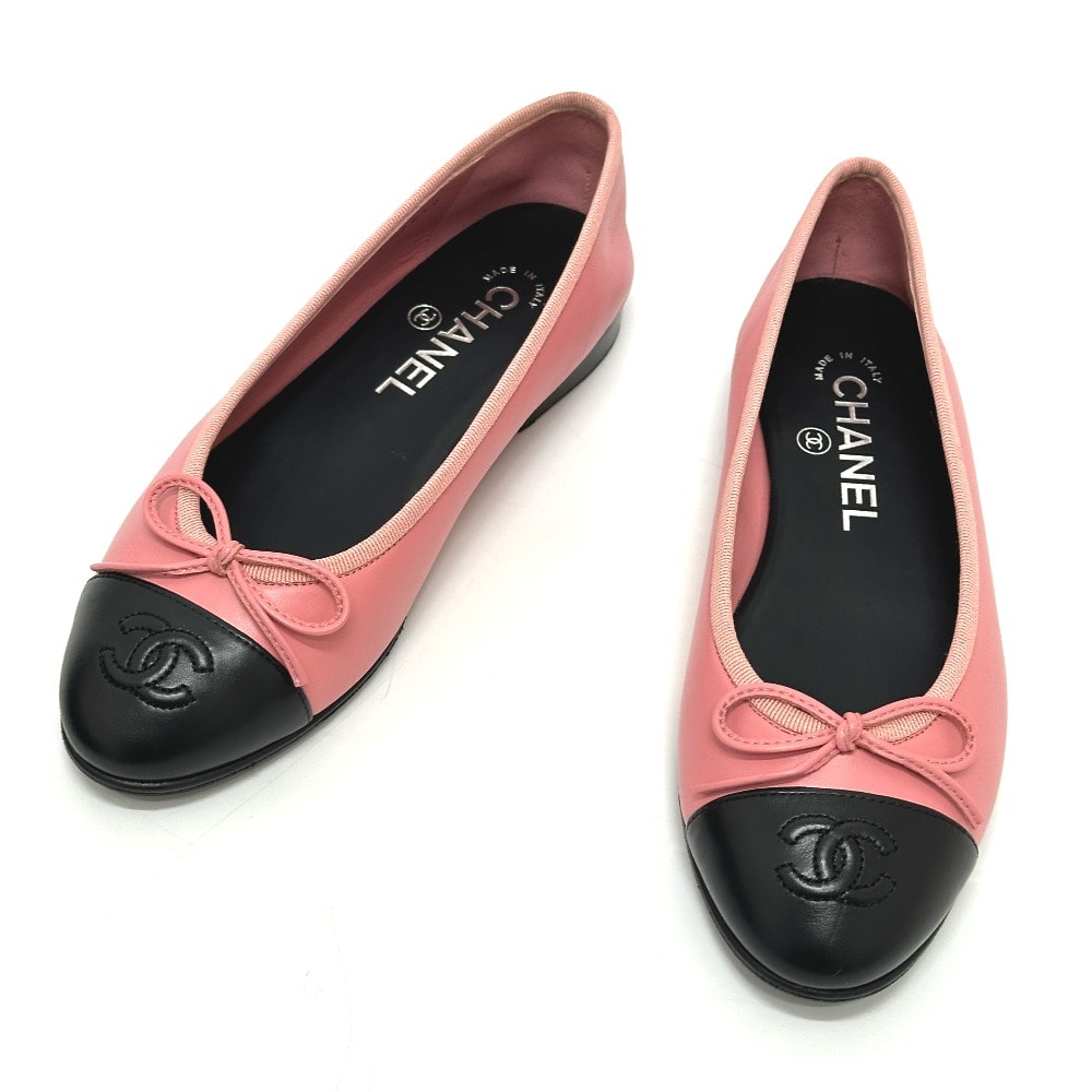 シャネル CHANEL リボン バレリーナ バレエシューズ フラットシューズ レザーシューズ レザー ピンク 未使用