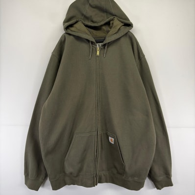 古着 カーハート Carhartt パーカー フルジップ フーディ ワンポイント ロゴ スウェット 大きいサイズ 2XL グリーン メンズ