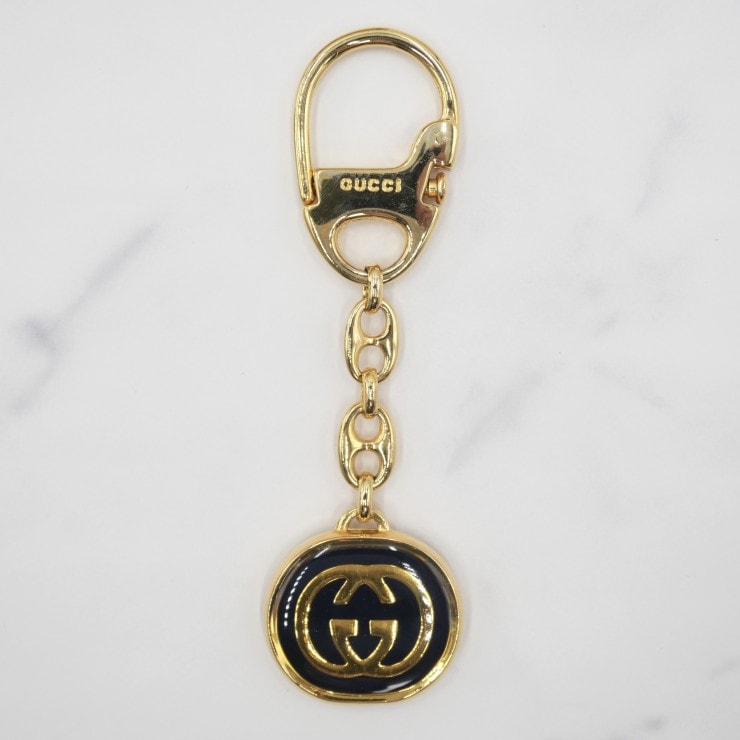 GUCCI(グッチ)インターロッキングG ヴィンテージ キーホルダー バッグチャーム ゴールド ネイビー エナメル イタリア製 箱付き レディース 【中古】