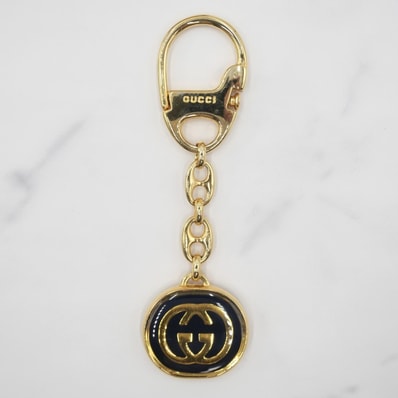 GUCCI(グッチ)インターロッキングG ヴィンテージ キーホルダー バッグチャーム ゴールド ネイビー エナメル イタリア製 箱付き レディース 【中古】