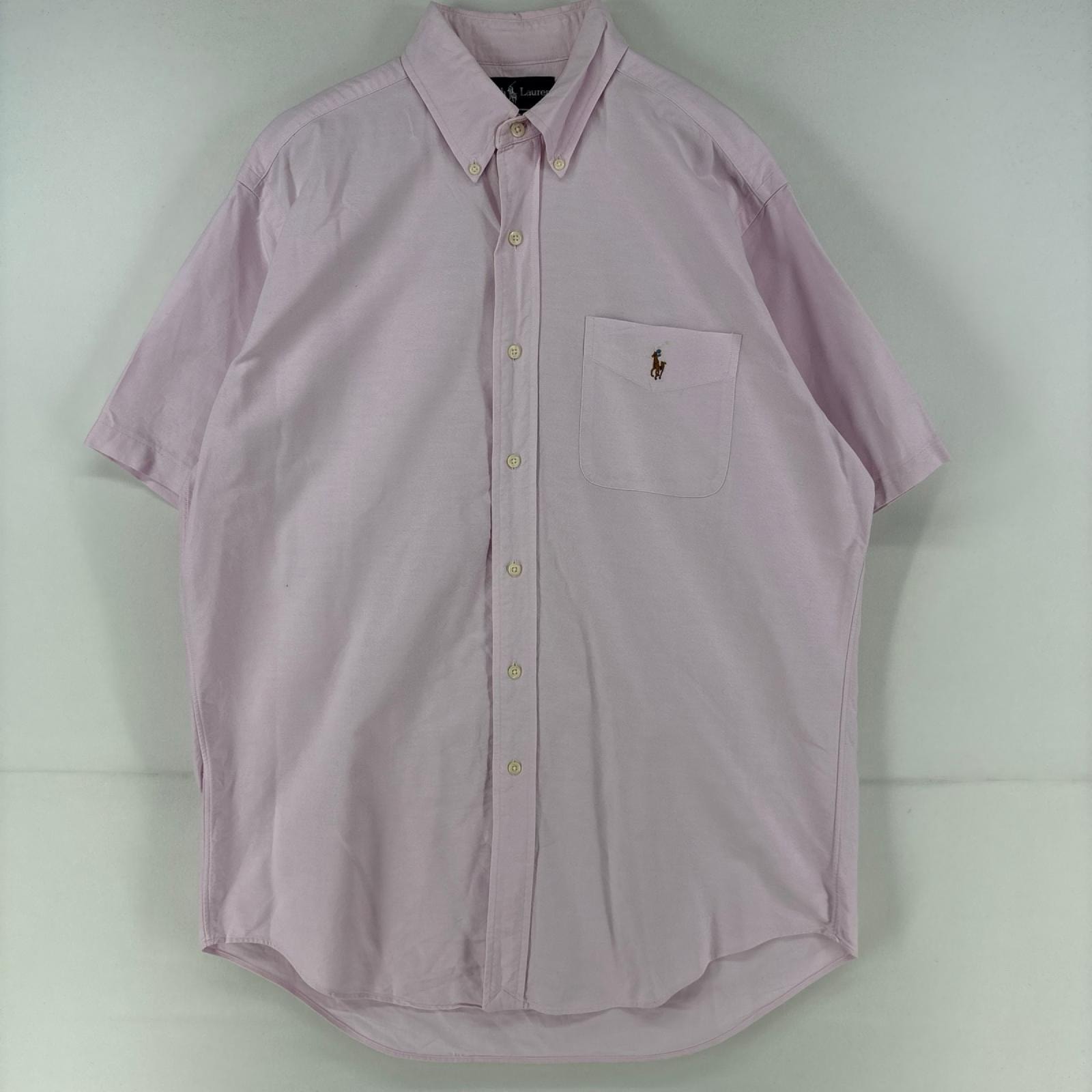 古着 ラルフローレン RALPH LAUREN 半袖シャツ ボタンダウン ワンポイントロゴ 胸ポケット オックスフォード M ピンク メンズ