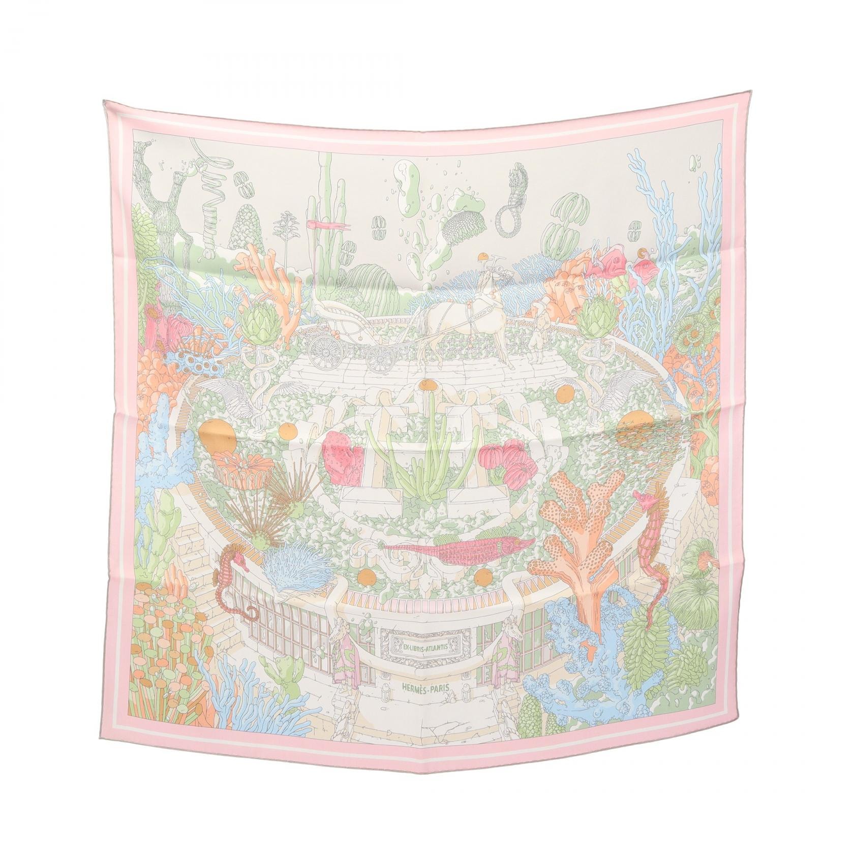 エルメス HERMES カレ70 Ex-Libris Atlantis スカーフ 衣料品 シルク シルク レディース グレー系 / ピンク系 / マルチカラー 【中古】
