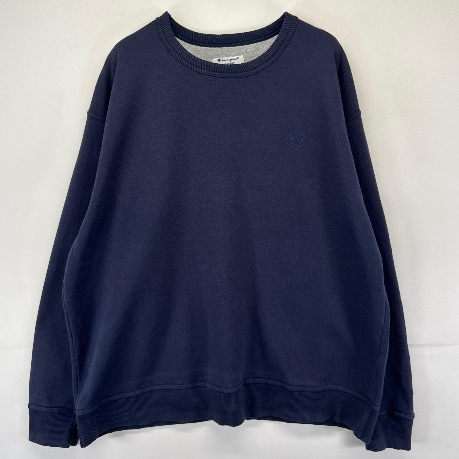古着 チャンピオン Champion スウェット ワンポイントロゴ 刺繍 トレーナー 大きいサイズ 2XL  ネイビー系 メンズ