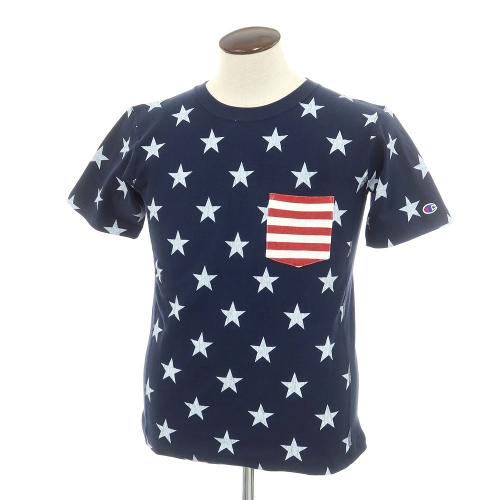 【中古】【未使用】チャンピオン Champion コットン 星柄 クルーネック 半袖Tシャツ ネイビー【サイズL】【メンズ】