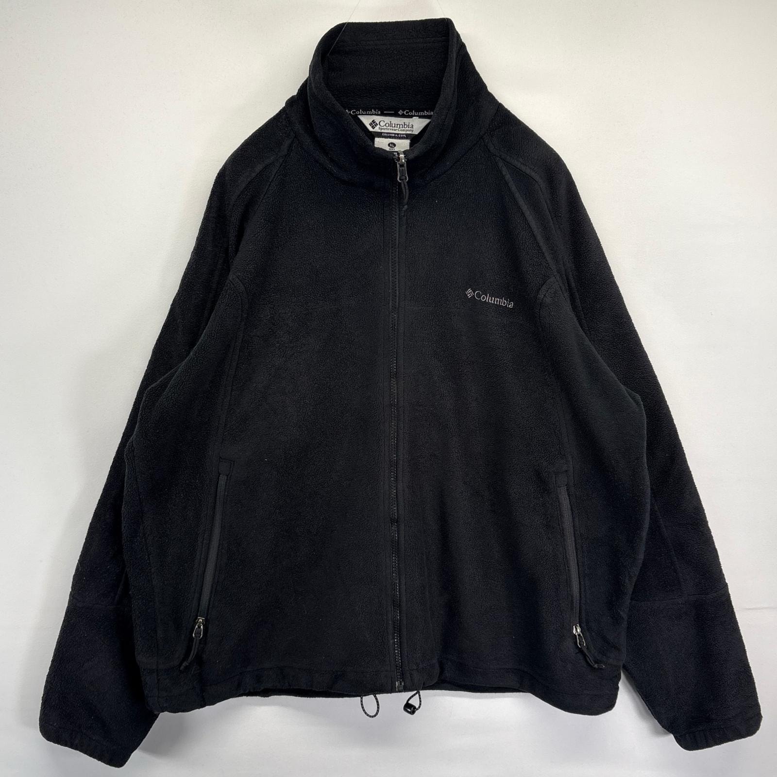 古着 コロンビア Columbia フルジップフリースジャケット ワンポイントロゴ 袖裏地付き アウトドア ドローコード XL  ブラック メンズ