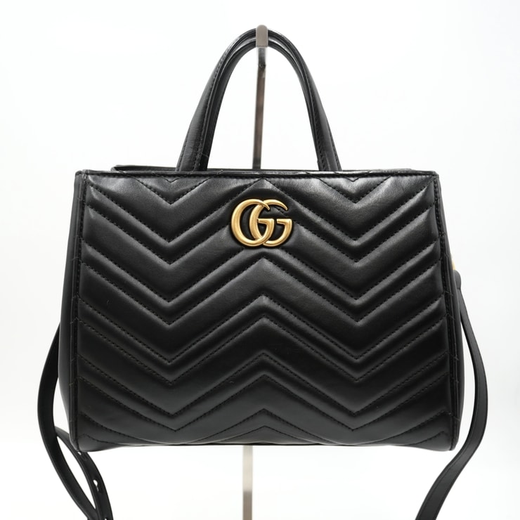 GUCCI(グッチ)GGマーモント トップハンドルバッグ ショルダーバッグ ブラック シェブロン キルティング レザー ゴールド金具 レディース 2WAY 448054【中古】