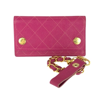 美品 CHANEL シャネル ヴィンテージ ピンク ゴールド金具 キャビアスキン 長財布 チェーンウォレット 506474 【中古】