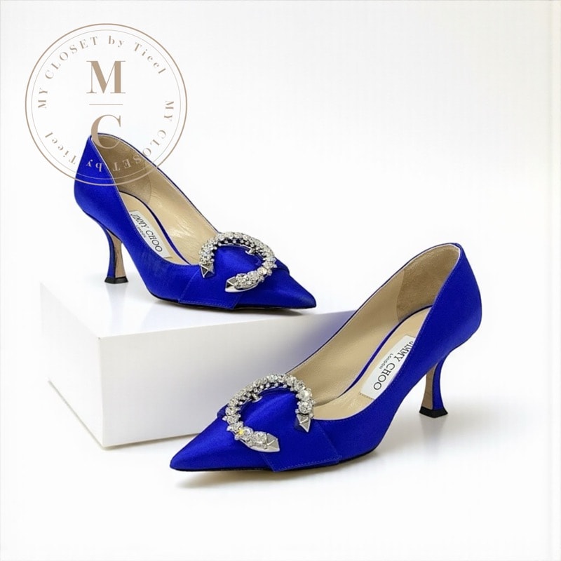 ジミーチュウ JIMMY CHOO MELVA パンプス 靴 シューズ サテン ブルー JCロゴ ビジュー