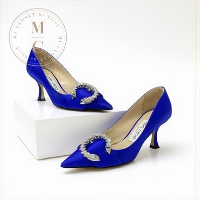 ジミーチュウ JIMMY CHOO MELVA パンプス 靴 シューズ サテン ブルー JCロゴ ビジュー