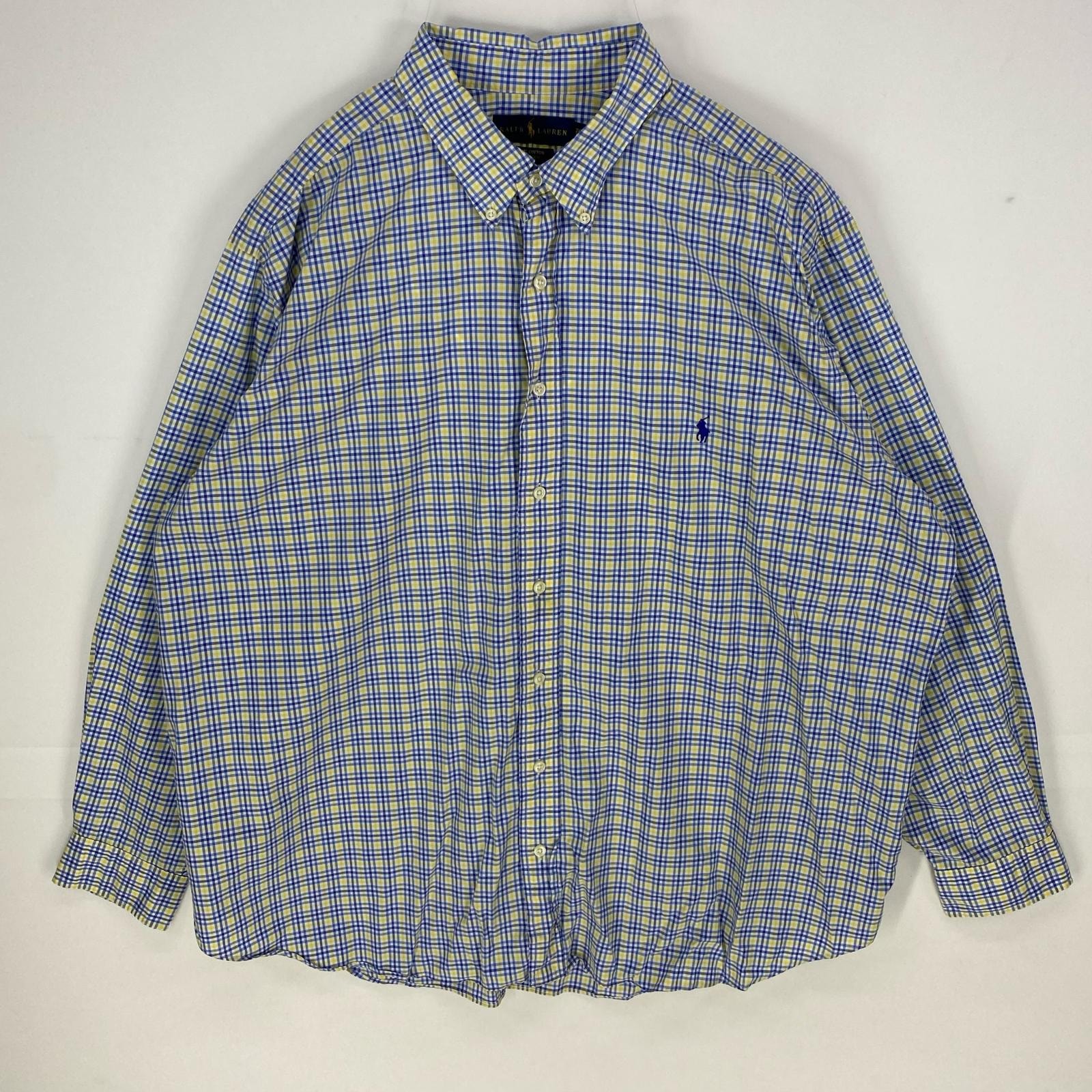 古着 ラルフローレン RALPH LAUREN 長袖シャツ 刺繍ロゴ ワンポイント 大きいサイズ ボタンダウン 2XB  イエロー系 チェック メンズ