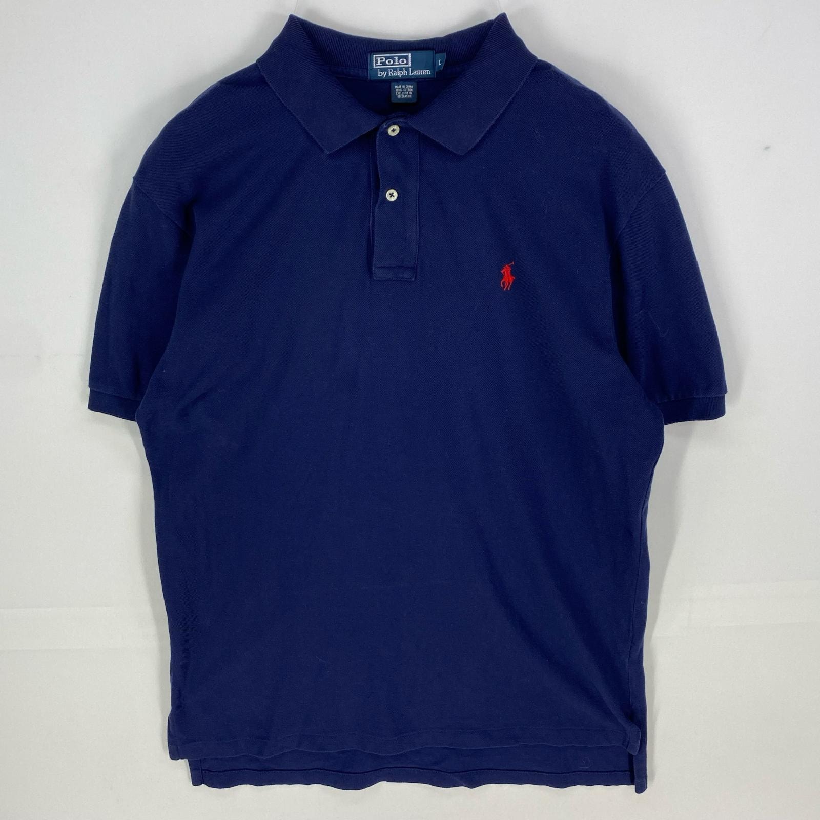 古着 ポロバイラルフローレン Polo by Ralph Lauren 鹿の子 半袖シャツ ワンポイント ロゴ刺繍 ポロシャツ L  ネイビー系 メンズ