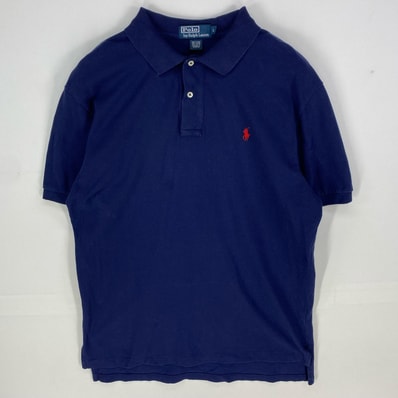 古着 ポロバイラルフローレン Polo by Ralph Lauren 鹿の子 半袖シャツ ワンポイント ロゴ刺繍 ポロシャツ L ネイビー系 メンズ