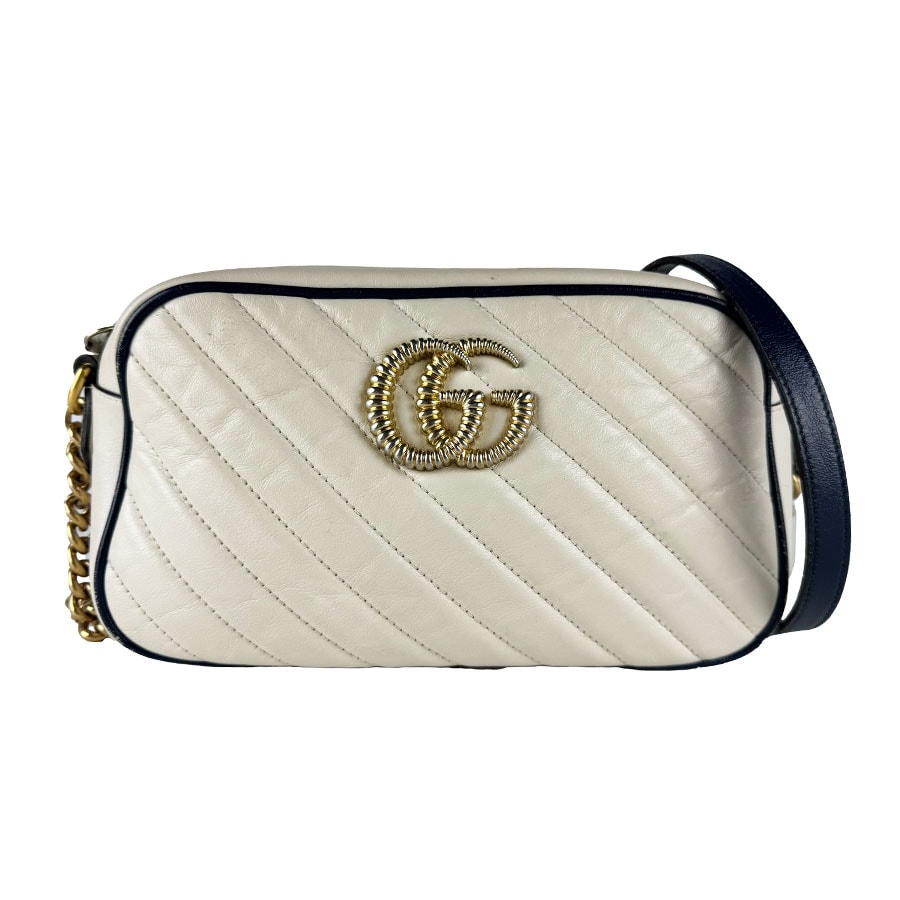 グッチ GUCCI ショルダーバッグ GGマーモント レザー アイボリー/ネイビー レディース 447632【中古】 z10847