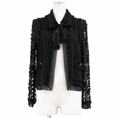 シャネル 2009年製 ツイード レース チュールスリーブ ビジュー ジャケット レディース ブラック 40 CHANEL