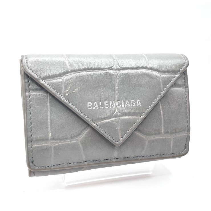 BALENCIAGA(バレンシアガ)ペーパー ミニウォレット 三つ折り財布 エンベロープ グレー レザー シルバー金具 391446【中古】