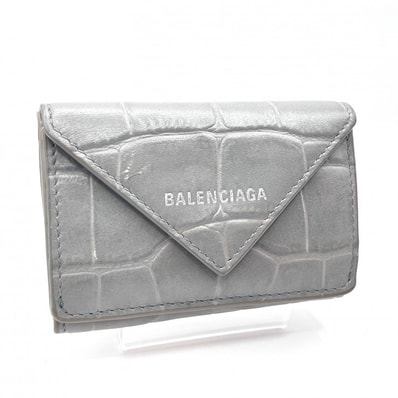 BALENCIAGA(バレンシアガ)ペーパー ミニウォレット 三つ折り財布 エンベロープ グレー レザー シルバー金具 391446【中古】