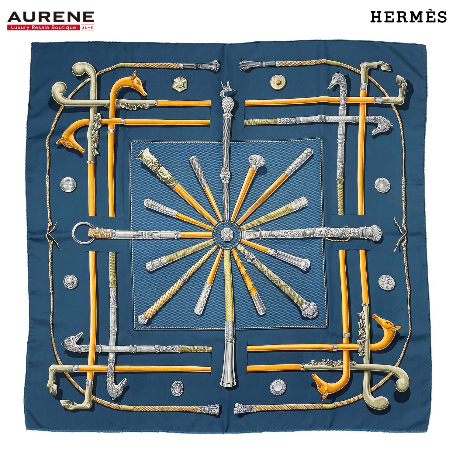 HERMES エルメス カレ90 CANNES&POMMEAUX ステッキ柄 スカーフ
大判 シルク ブルー ユニセックス
【中古】