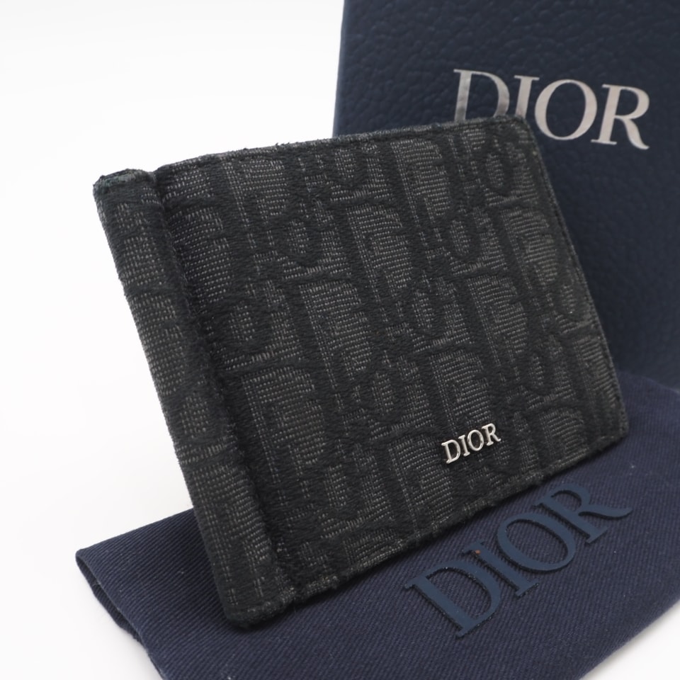 Dior ディオール オブリーク ジャガード マネークリップ付きウォレット 2ESBH069YSE 二つ折り財布 ブラック グレー キャンバス カーフレザー メンズ