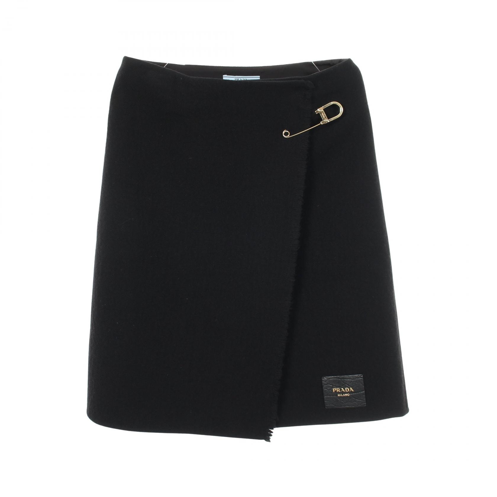 プラダ PRADA セーフティピン レザーパッチ スカート 衣料品 ボトムス ウール レディース ブラック系 P171XE 【中古】