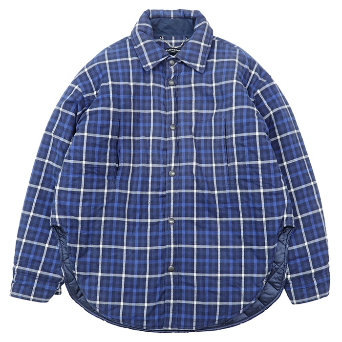 BALENCIAGA バレンシアガ キルティングシャツジャケット サイズ 46 メンズ チェック フランネル コットン100% オーバーサイズ スナップボタン パデッド ライト アウター ブルー系 青 ポーランド製