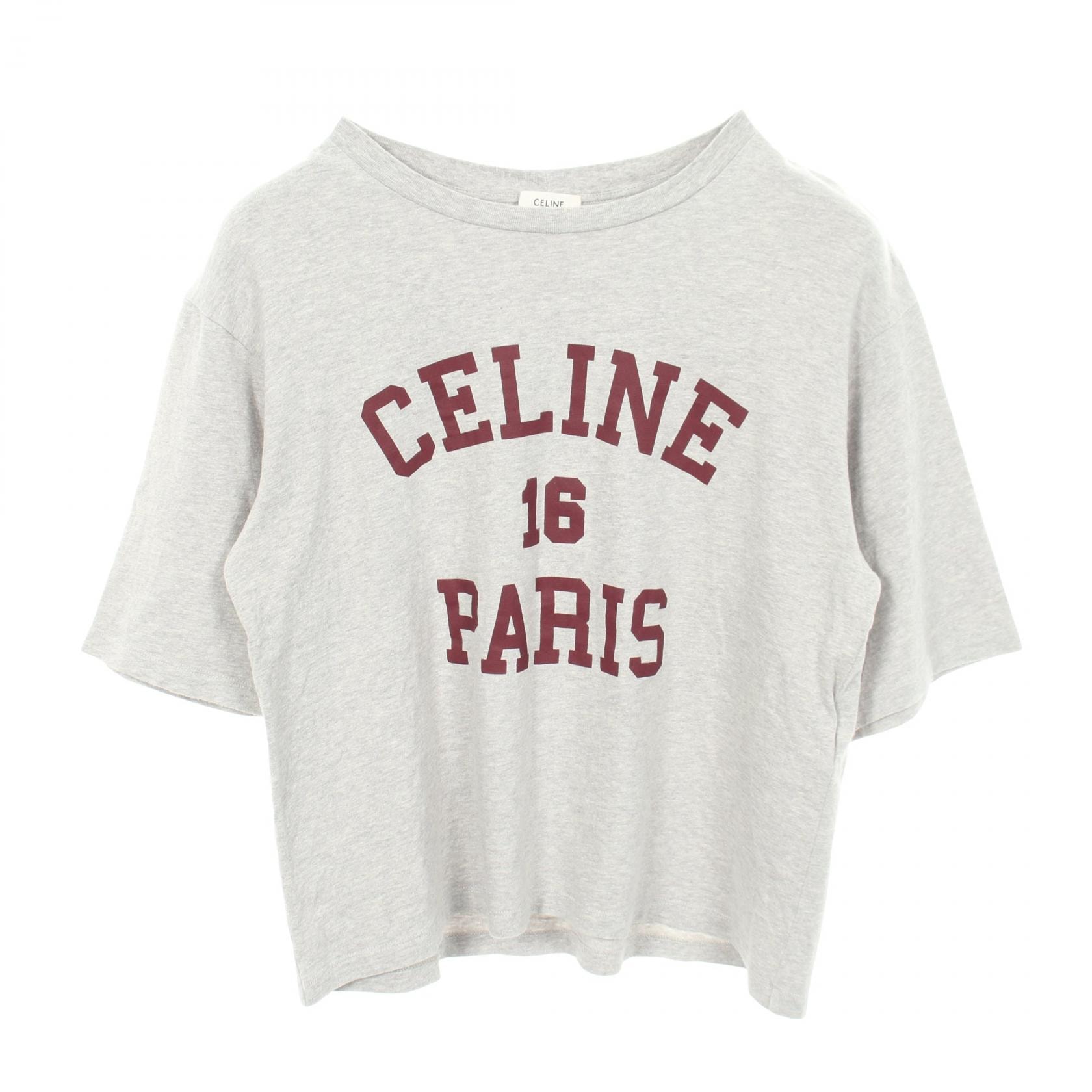 セリーヌ CELINE ロゴプリント 半袖Tシャツ 衣料品 トップス コットン レディース グレー系 / ボルドー系 【中古】