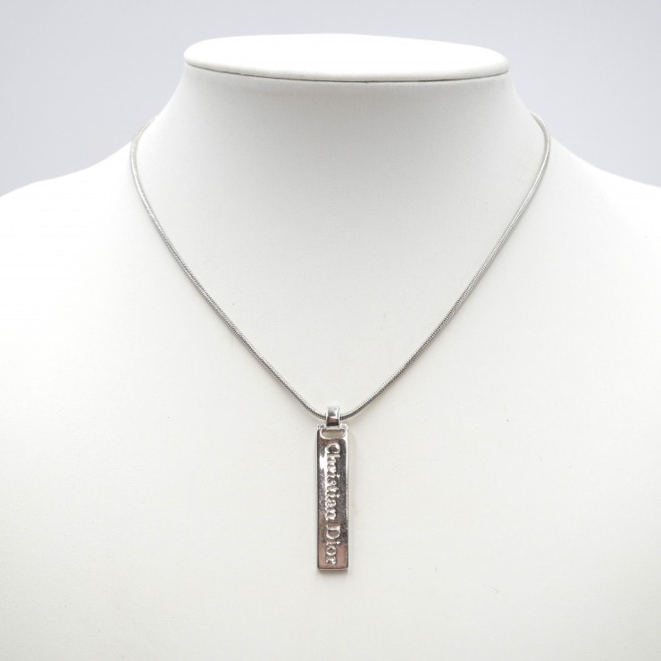 Christian Dior(クリスチャンディオール)ロゴプレート ネックレス ヴィンテージ シルバーカラー CDチャーム スネークチェーン アジャスター付き レディース【中古】