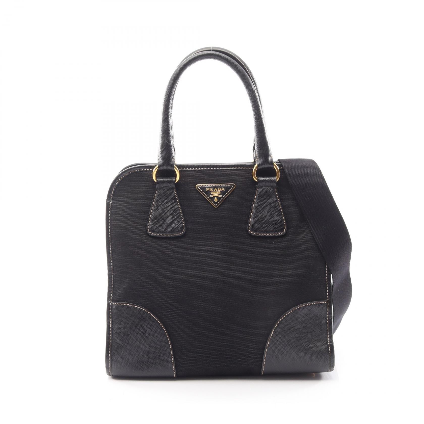 プラダ PRADA 三角プレート 2WAY ハンドバッグ バッグ キャンバス サフィアーノレザー レディース ブラック系 【中古】