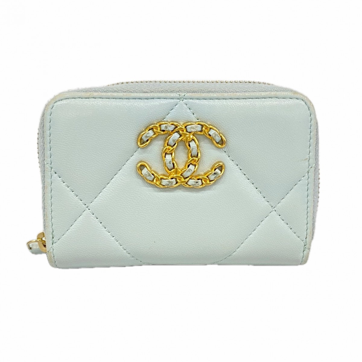 【6dc2474】シャネル コインケース シャネル19 ラムスキン スカイブルー ゴールド金具【中古】レディース