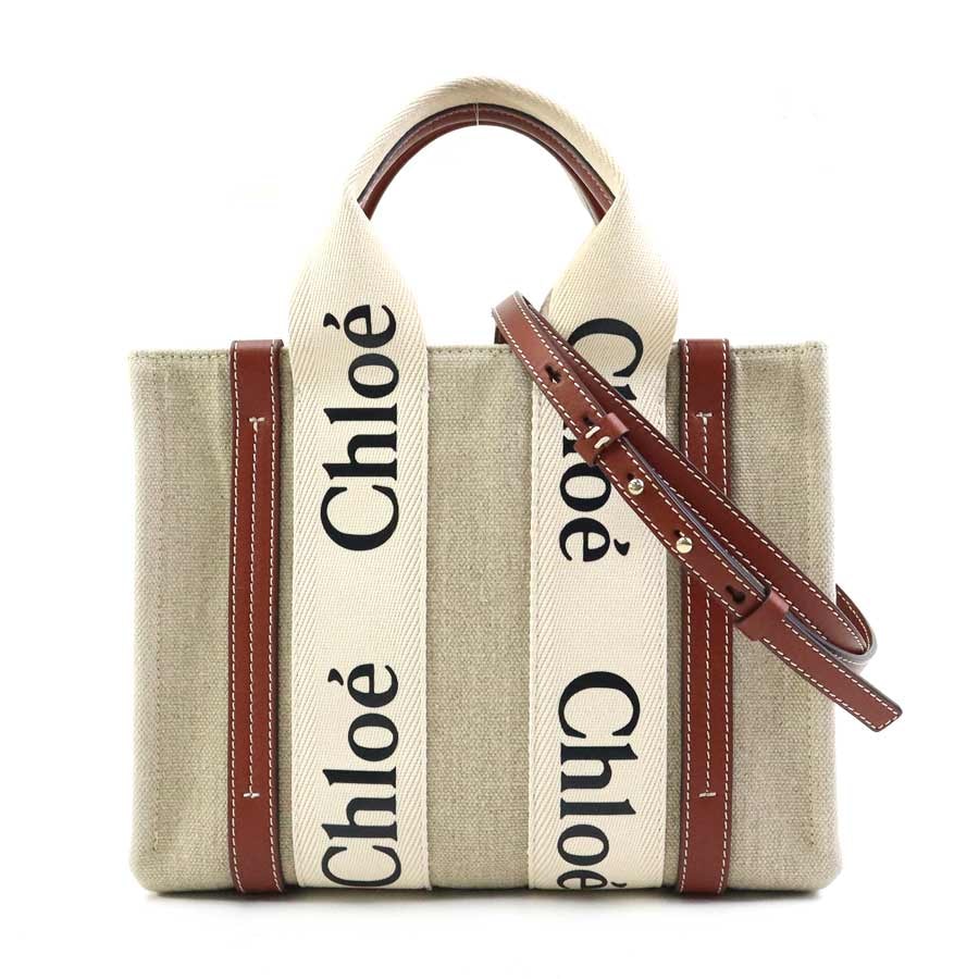 クロエ Chloe ハンドバッグ ショルダーバッグ WOODY スモール キャンバス/レザー ベージュ×ブラウン レディース【中古】 h31004g