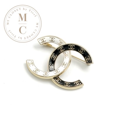 シャネル CHANEL ブローチ コサージュ ブラック ホワイト ゴールド ココマーク ロゴ バイカラー