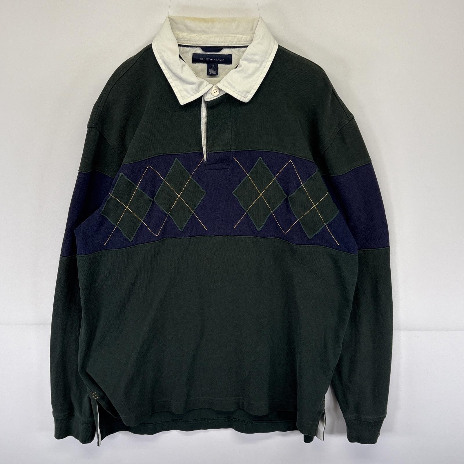 古着 トミーヒルフィガー TOMMY HILFIGER 長袖 ラガーシャツ アーガイル柄 袖ワンポイント ポロシャツ ハーフボタン L  グリーン メンズ